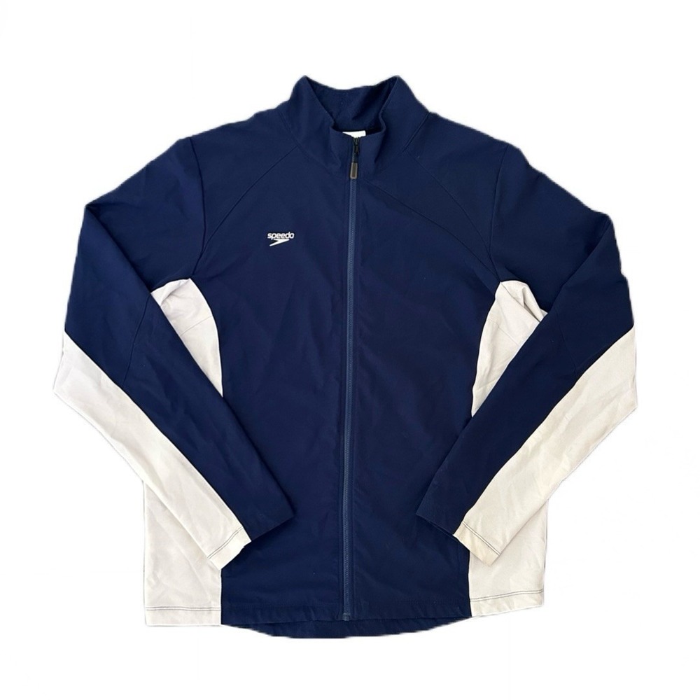 Speedo Men's Boom Force Stretch Warmโ Up Swim Jacket Navy Blue White Size XL